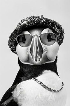 Papegaaiduiker met hoed en bril in zwart en wit van Felix Brönnimann