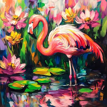 Kleurrijke flamingo bloeiend in het water van Poster Art Shop