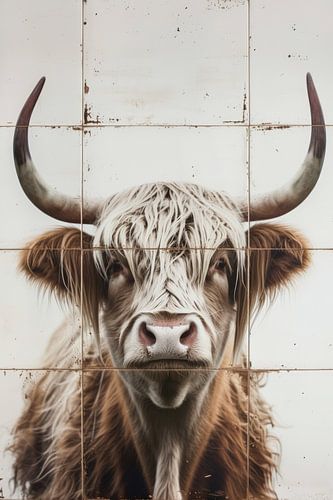 Schotse hooglander print op witte tegels