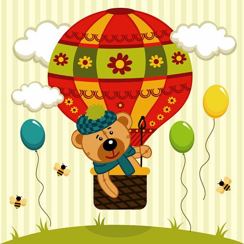 Ours en peluche dans une montgolfière avec des abeilles