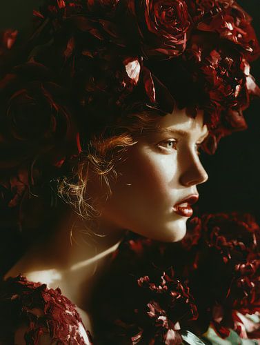 surrealistisch portret vrouw met bloemen in haar