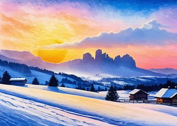 Besneeuwde Alpe Di Siusi na zonsopgang van MIROKKU