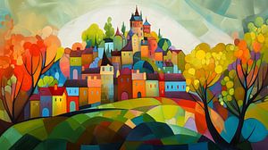 ville colorée avec château en automne naïf
