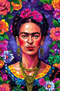 Frida's digitale bloemenkroon - pixel art portret van Felix Brönnimann