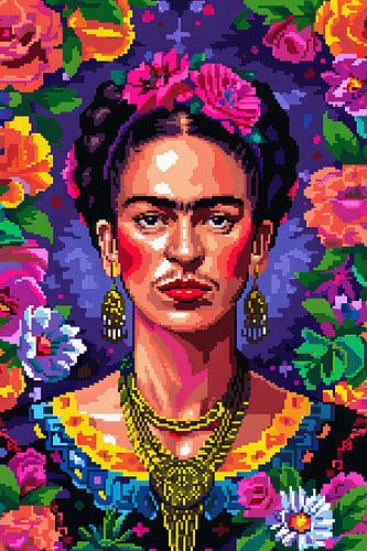 Frida's digitale bloemenkroon - pixel art portret