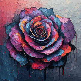 Peinture en impasto représentant une rose, réalisée en mosaïque multicolore éclatante avec des coulures sur Artistic