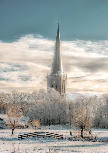 Tzum church tower in winter.