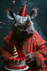 Kleurrijke neushoorn in jaren 70 disco verjaardagsoutfit van Poster Art Shop