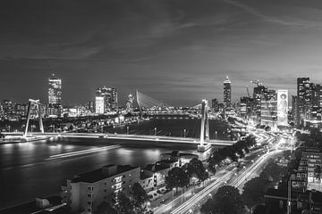 Skyline Rotterdam bij nacht - Zwart/Wit van Daan Duvillier | Dsquared Photography