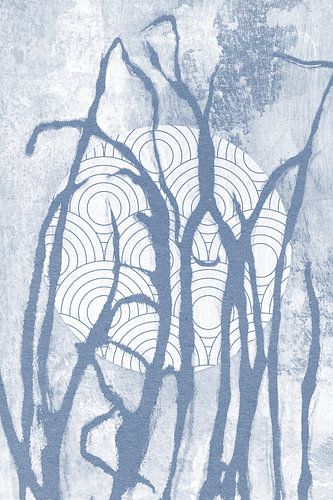 Ikigai.  Herbe bleue et lune. Art zen abstrait et minimaliste. Style Japandi X
