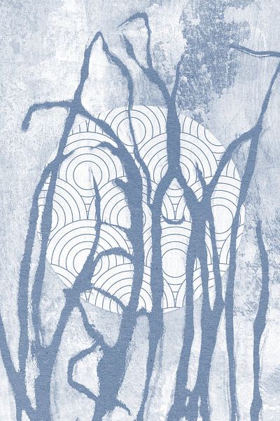 Ikigai.  Herbe bleue et lune. Art zen abstrait et minimaliste. Style Japandi X par Dina Dankers