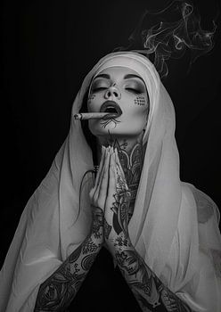 Biddende Rokende non - zwart wit