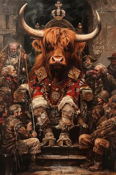 Scottish highlander as king on throne by Digitale Schilderijen