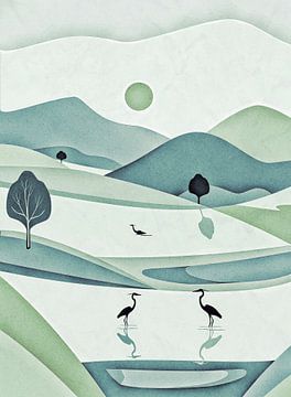 Hills, water and herons - minimalism (3) by Anna Marie de Klerk