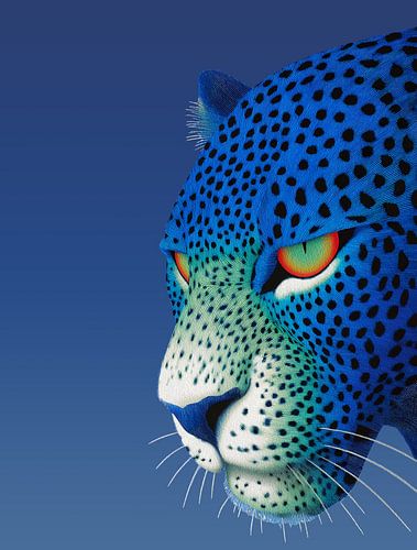 Blauwe Luipaard Muurkunst - Modern Portret van Wilde Kat met Rode Ogen in Digitale Stijl