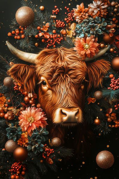 Autumnal Scottish Highlander cow - Warmth in Golden Glow by Eva Lee
