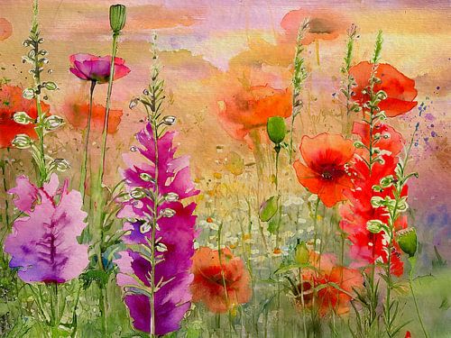 Champ de roses trémières et de coquelicots colorés, série : Botanique abstraite