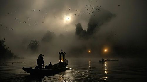 fisherman at sunrise asia