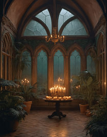 Atmospheric Gothic Conservatory with Warm Candles by Stefan Vermeer