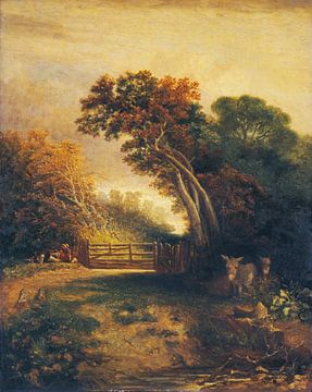 Landscape with picnickers and donkeys by a fence, Joseph Paul