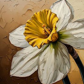 Eine Narzissenblume auf einem ockergelben, braunen Mokka-Hintergrund. von J.a Dijkstra