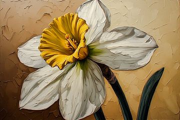 A daffodil flower in a rural setting on an ochre yellow brown mocha background. by J.a Dijkstra