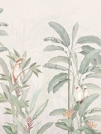 Cacatoès blanc &amp ; oiseaux perroquets dans le feuillage de la jungle tropicale sur Bloomery Decor