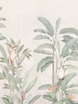 Witte kaketoe & papegaaien vogels in tropisch oerwoud gebladerte van Bloomery Decor