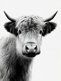 Highland Cow with Horns Portrait – Black and White Animal Art by StudioRemier