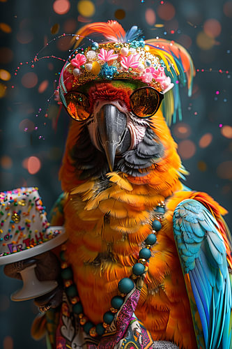 Grappige papegaai viert 60s 70s disco verjaardag