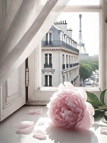 Parisian daydream - Peony at window overlooking Eiffel Tower in Paris
