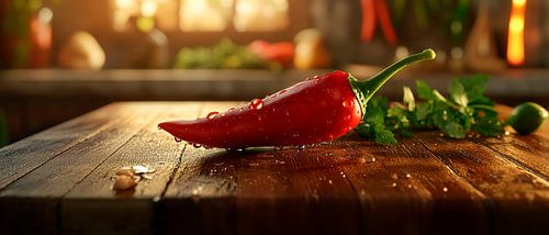 Fresh red chilli on a wooden board by Poster Art Shop