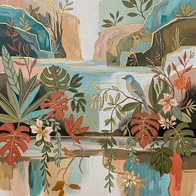 Design biophilique moderne avec oiseau perché sur une branche au-dessus d'une cascade sur Studio Pieternel