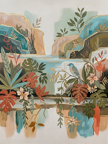 Modernes biophiles Design mit Vogel auf einem Ast über einem Wasserfall