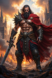 Dark Fantasy Art Wandbild: HROVANDEK - Der mächtige Wikinger in der zerstörten Stadt