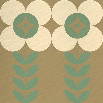 Retro Scandinavian design inspired flowers and leaves in green, gold, white by Dina Dankers