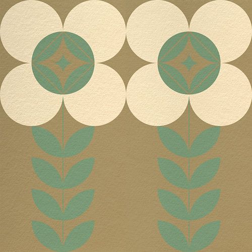 Retro Scandinavisch design geïnspireerde bloemen en bladeren in groen, goud, wit