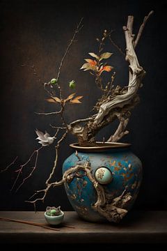 Surrealist still life with blue vase and bonsai style