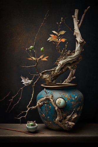 Surrealistisch stilleven met blauwe vaas en bonsai stijl