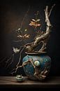 Surrealist still life with blue vase and bonsai style by Digitale Schilderijen thumbnail
