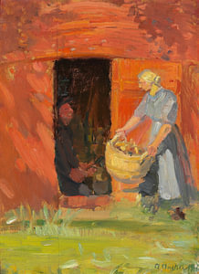 Anna Ancher, Mädchen mit Wäsche an einer roten Hausfassade, um 1911