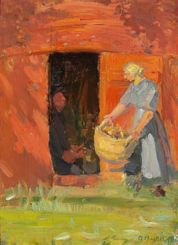 Anna Ancher, Meisje met wasgoed bij een rode huisgevel, circa 1911