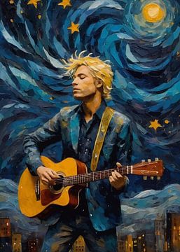 Man speelt akoestische gitaar in abstracte sterrennacht van MIROKKU