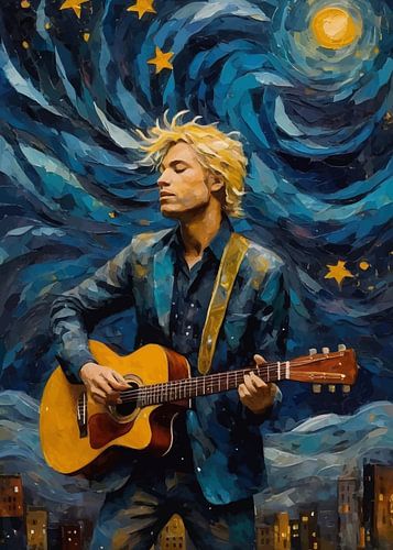 Man speelt akoestische gitaar in abstracte sterrennacht