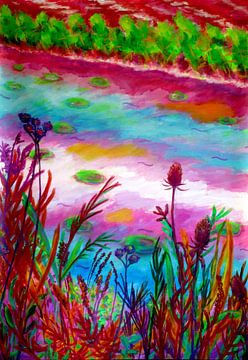 Along the waterside / Red Green Water lilies leaves and Flowers Flowering landscape Art print by Jolanda Bakker