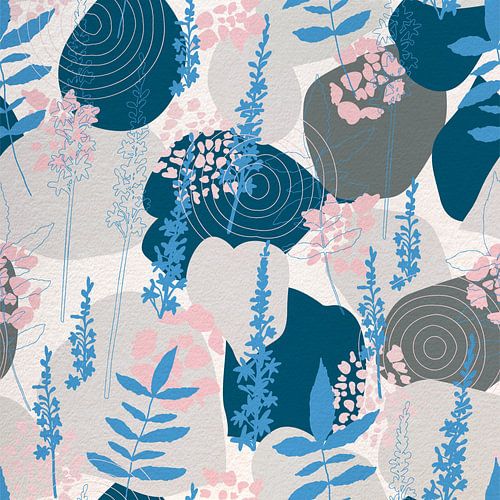 Fleurs dans un style rétro. Art botanique abstrait moderne en bleu, rose et gris.