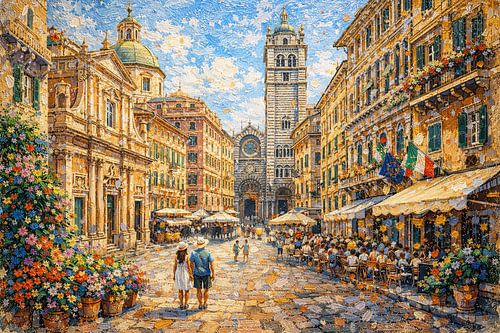 Genua in Italië, een impressionistisch schilderij.
