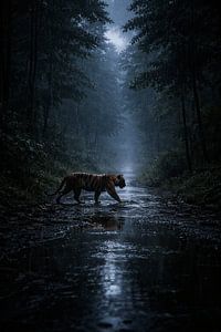 Un tigre majestueux qui traverse une forêt pluvieuse au crépuscule – un moment sauvage et mystique, plein de reflets, de silence et d'une force ancestrale.