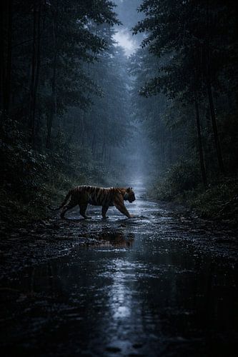 Majestic tiger walking through a rainy forest landscape at dusk – a mystical moment of wildlife full of reflections, silence and ancient power