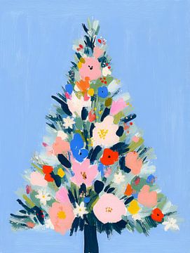 Bloemrijke kerstboom tegen blauwe lucht van But First Framing